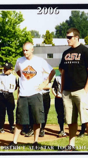 Kevin Gunderson, left, and Eddie Kunz the seemingly tireless closer and reliever, respectively for the national champion Oregon State University Beavers prior to the Oregon District 1 Little League 9â€“10 year old All Star Tournament at Riverside Little League. Both played little League at Parkrose
